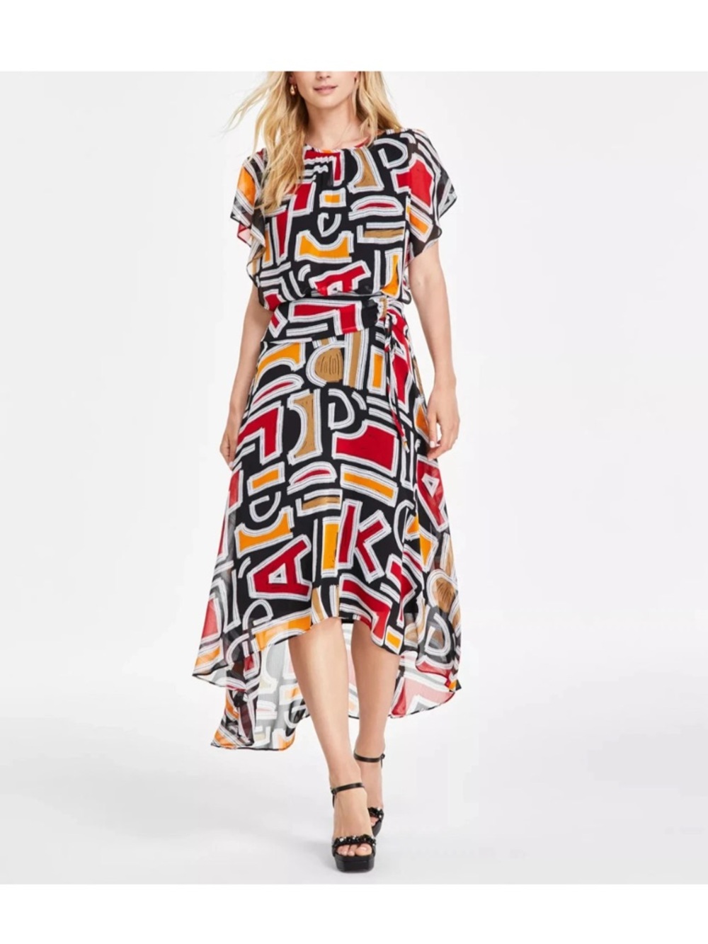KARL LAGERFELD PARIS Women's Printed High-Low Flutter-Sleeve Dress.